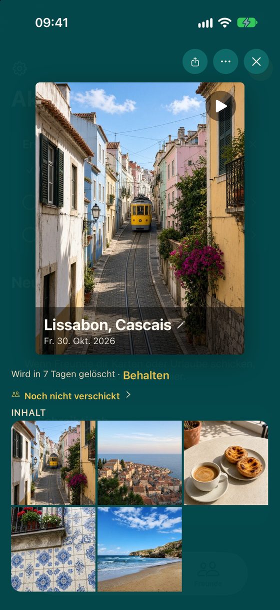Bildschirmfoto der App: Tageskarte „Lissabon, Cascais“ vom 30. Oktober mit Titelbild einer Straßenbahn-Gasse und fünf Fotos darunter