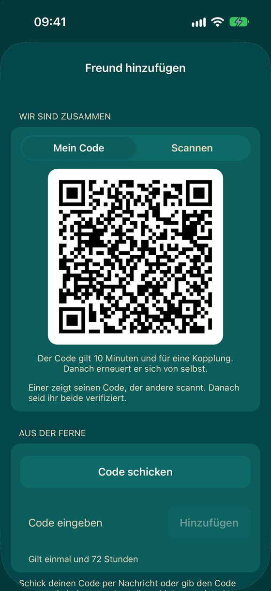 Bildschirmfoto der App: Seite „Freund hinzufügen“ mit QR-Code zum gegenseitigen Scannen und Code für Freunde in der Ferne