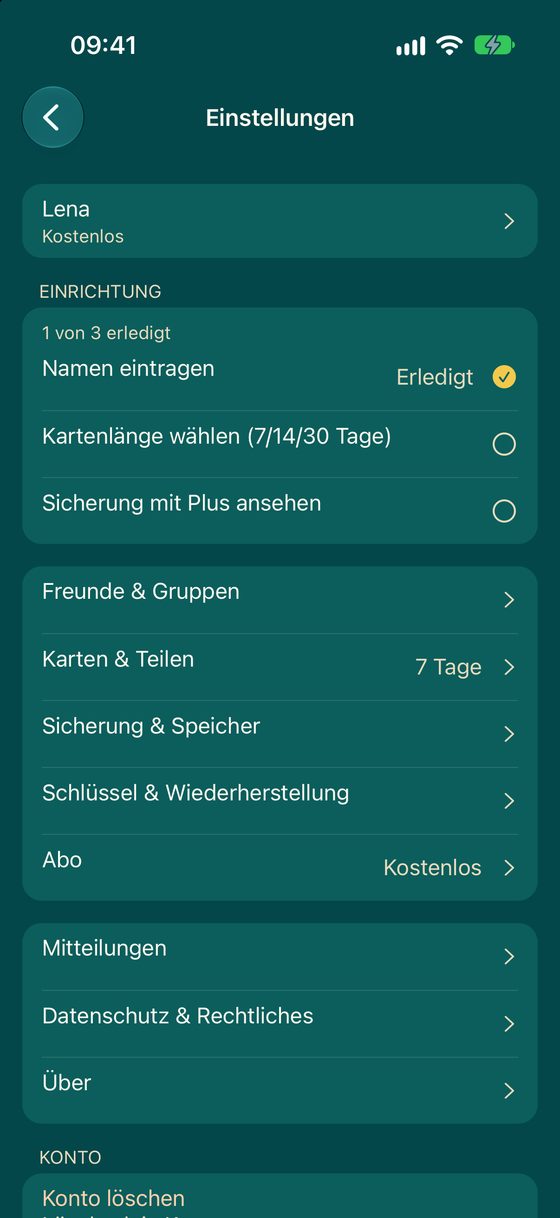 Bildschirmfoto der App: Einstellungen mit Einrichtungs-Checkliste und Unterseiten wie Freunde & Gruppen, Karten & Teilen, Sicherung & Speicher